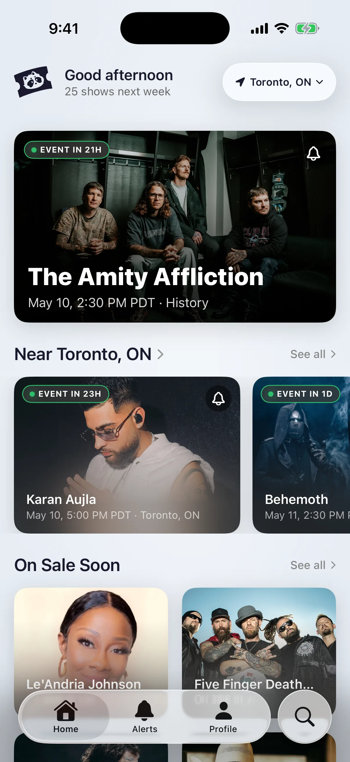 Yoink iOS app — nearby concerts dashboard with The Amity Affliction featured
